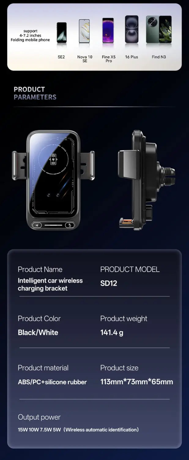 Black and white wireless car phone charger 15w mount with abs pc and silicone rubber material shown from the back side.