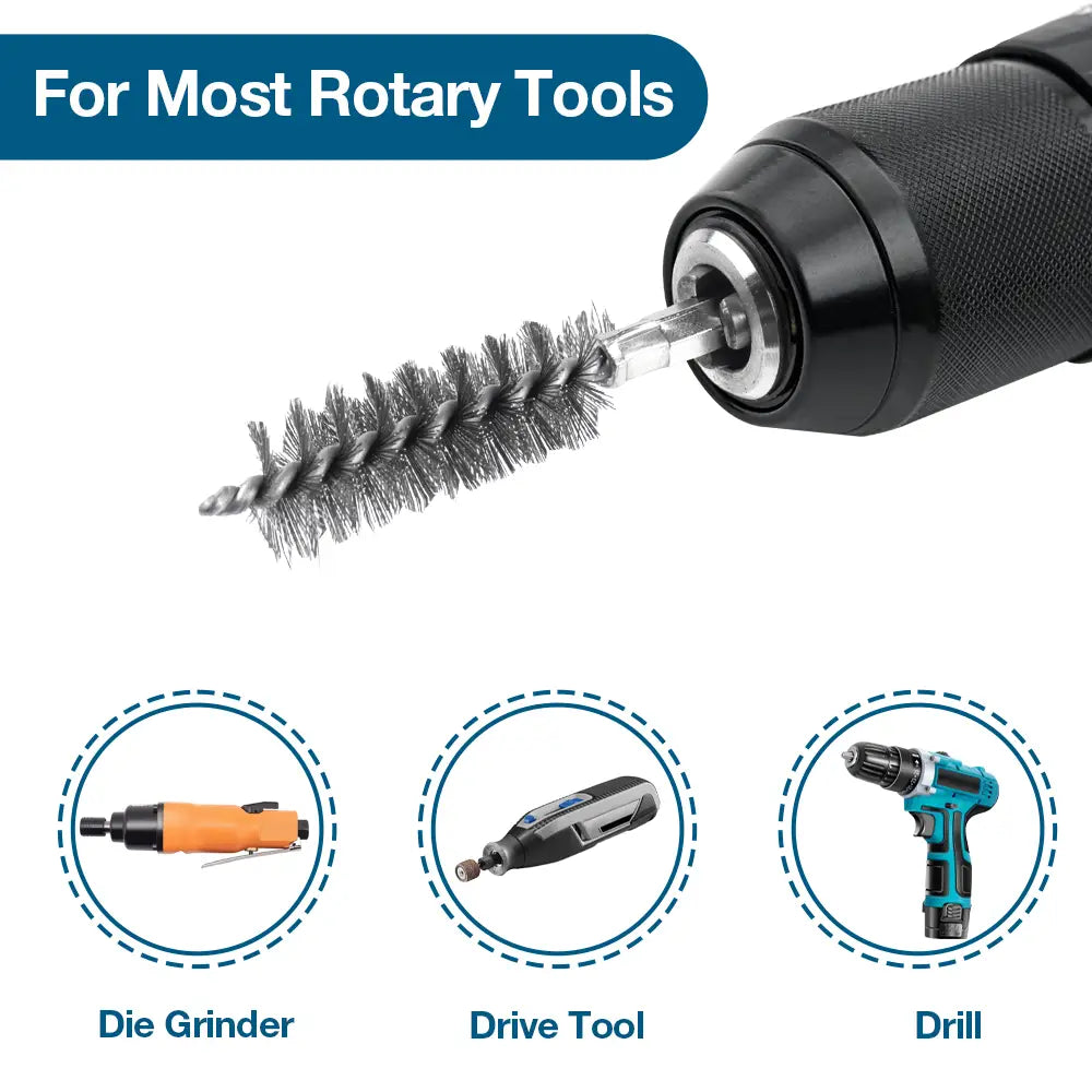 Black spiral stainless steel wire bore brush with metal bristles designed for cleaning rotary tools in a stainless steel wire bore brush set.