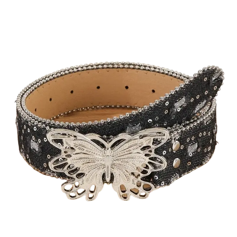 Ceinture en cuir papillon y2k à sequins noirs avec boucle papillon argentée, présentée en angle de face, pour la collection de ceintures en cuir papillon y2k.