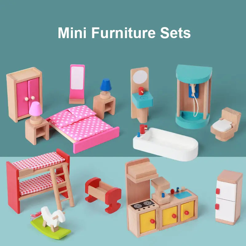 Rosa und hölzernes Miniatur-Schlafzimmermöbel-Set mit gepunkteter Bettwäsche aus dem Holz-Puppenhaus-Möbelset für Kinder als Miniaturspielzeug.