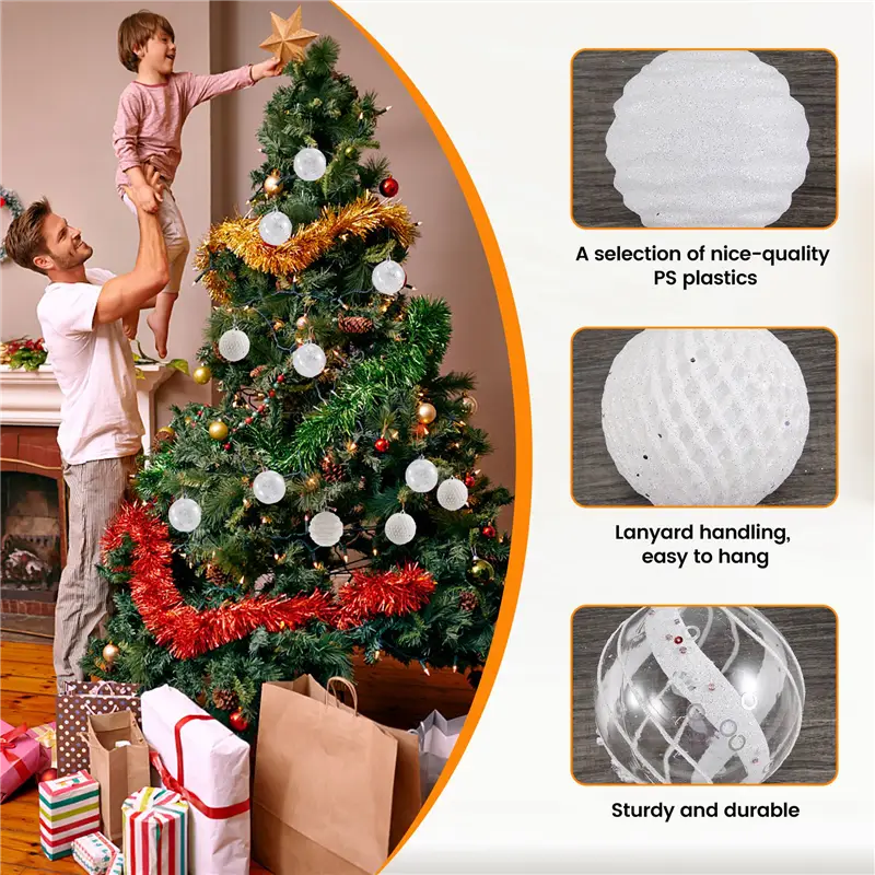 white translucent ps plastic christmas tree ornaments with textured surfaces and lanyard holes for easy hanging in shatterproof baubles.