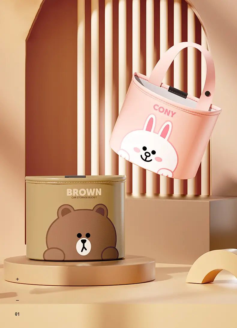 cesta de almacenamiento para coche temática de conejito rosa, con exterior de tela suave y cierre con cremallera negra, para la organización del asiento trasero, estilo bolsa de piel sintética tipo osito de dibujos animados