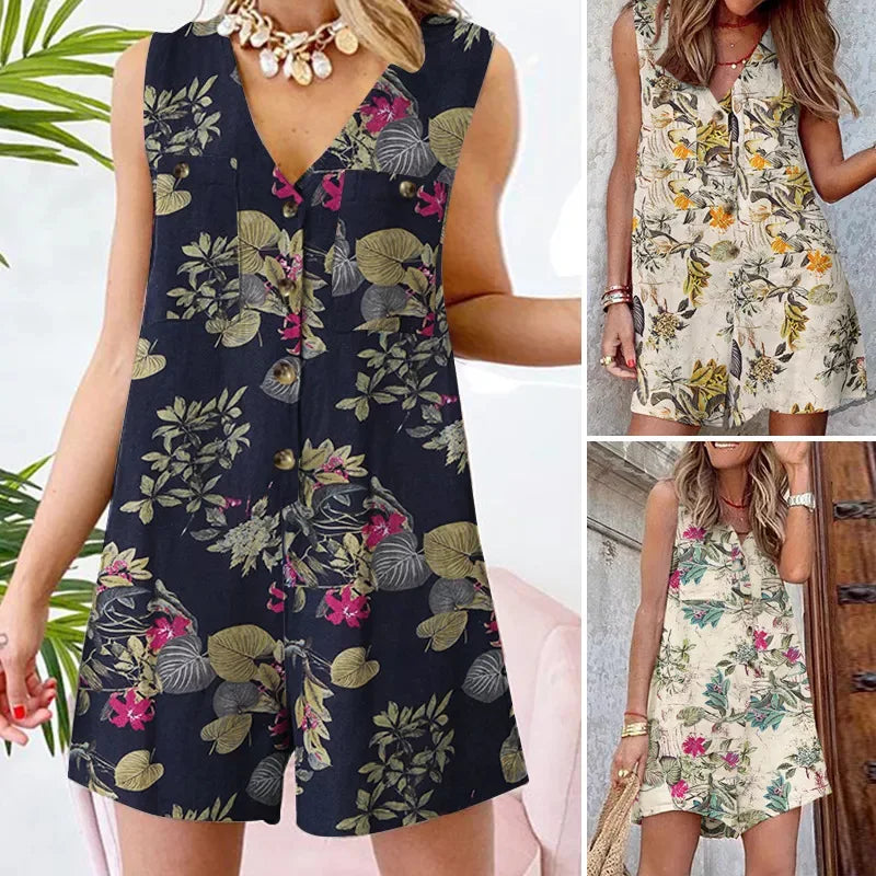 Women Bohemian Floral Printed Jumpsuits Female Casual Holiday Playsuits Loose Rompers Summer V Neck Sleeveless Rompers