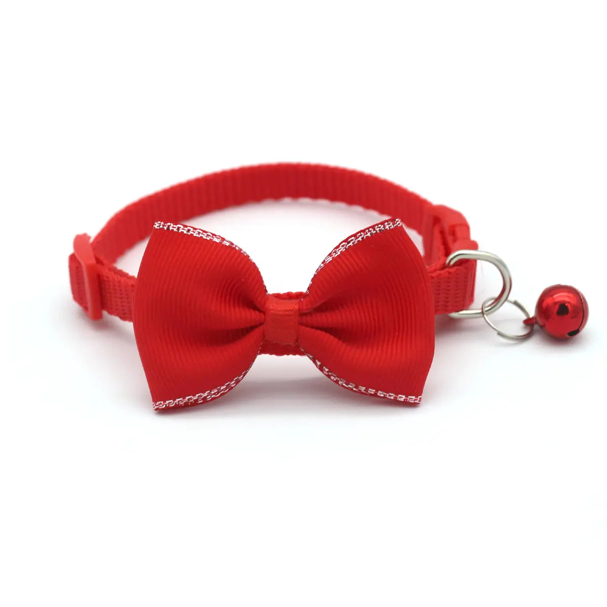 red satin bow tie cat collar with a small red bell and adjustable multicolor design for stylish pet accessories.