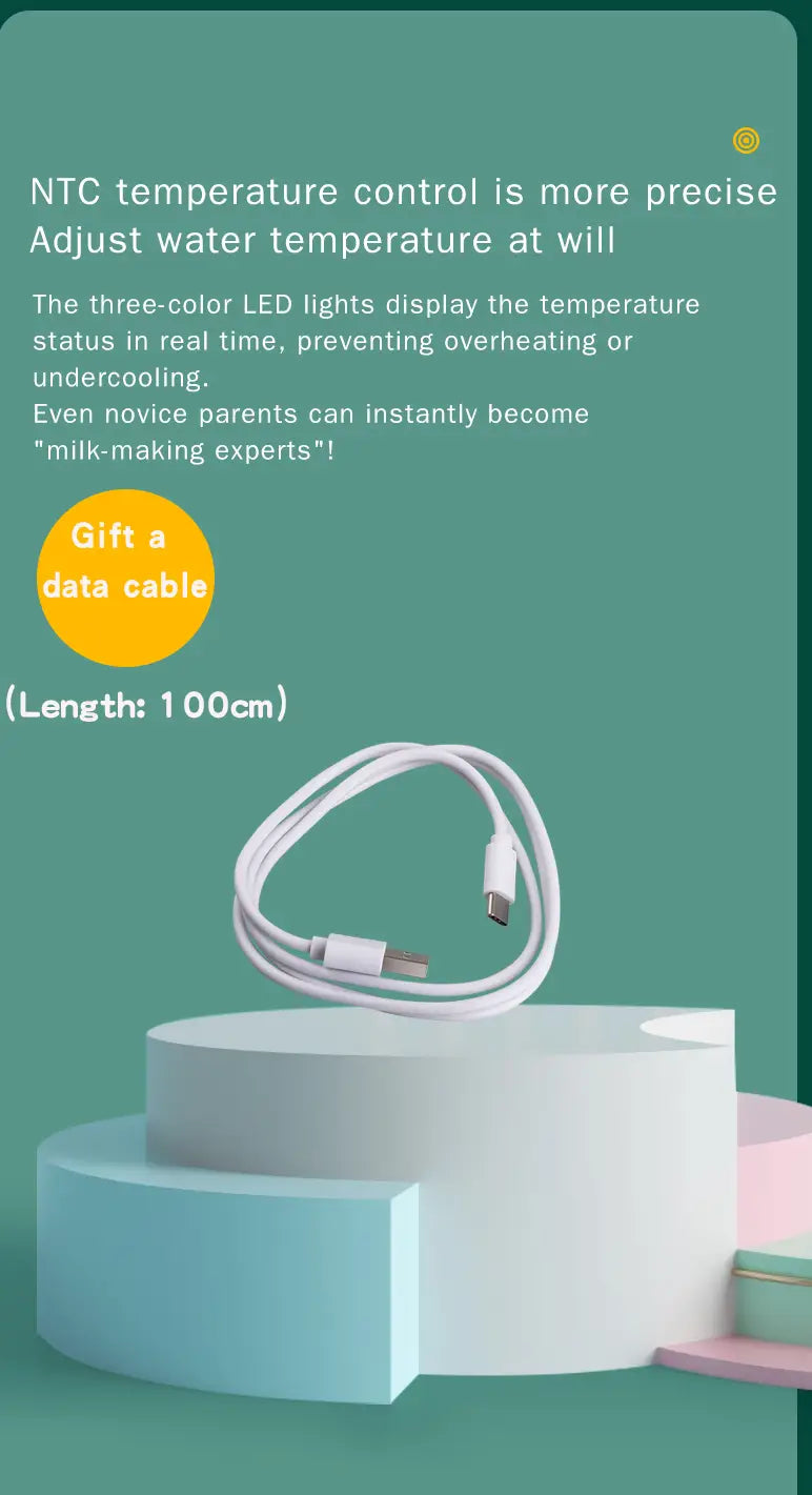 Ein weißes 100-cm-USB-C-Datenkabel, ausgelegt für die Verwendung mit einem tragbaren USB-Babyflaschenwärmer.