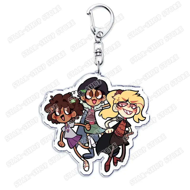 Clear acrylic Amphibia anime keychain featuring three cartoon characters in a dynamic pose with one wearing glasses and another holding a sword.