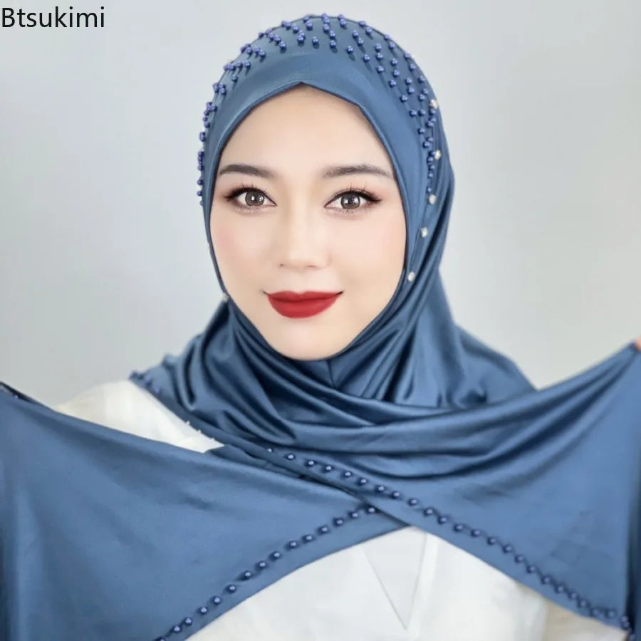 New Women's Headscarf Convenient Pullover Caps Muslim Hijabs Bead Scarf Malay Solid Color Long Shawls Islam Head Warp for Women