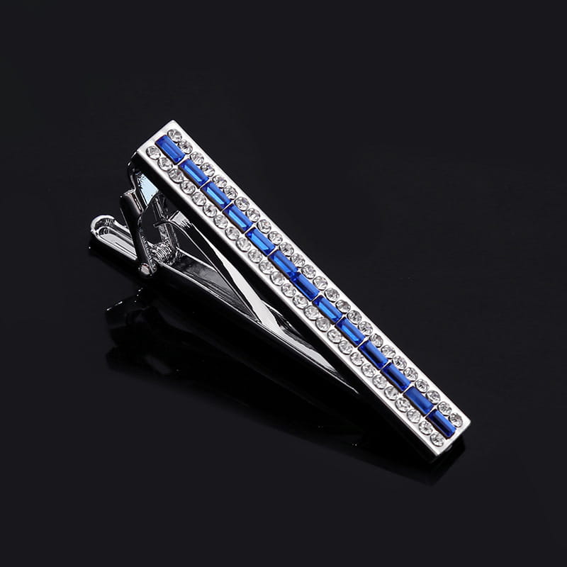 Silver tie bar adorned with clear crystals and alternating blue rectangular stones from the crystal rhinestone tie clip set.