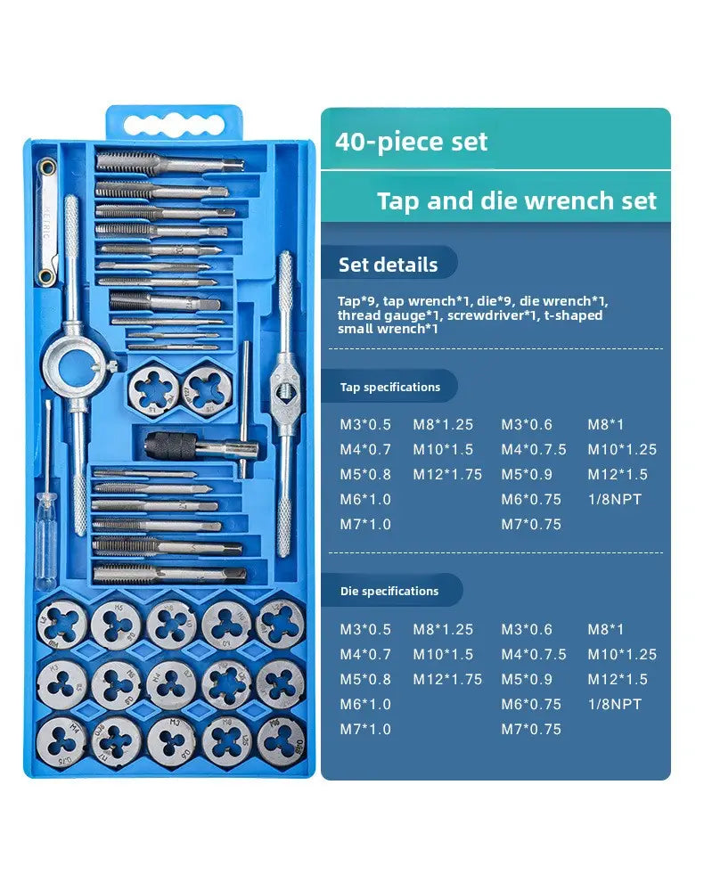 Blue plastic case containing a 40-piece metallic tap and die wrench set for thread cutting tool kit.