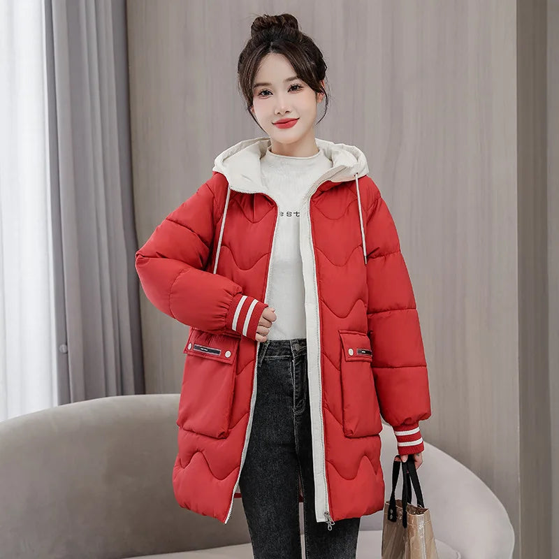 Winter Thicken Hooded Cotton Padded Jacket Women Fashion Contrast Color Mid-length Warm Coats Ladies Loose Big Pockets Outerwear