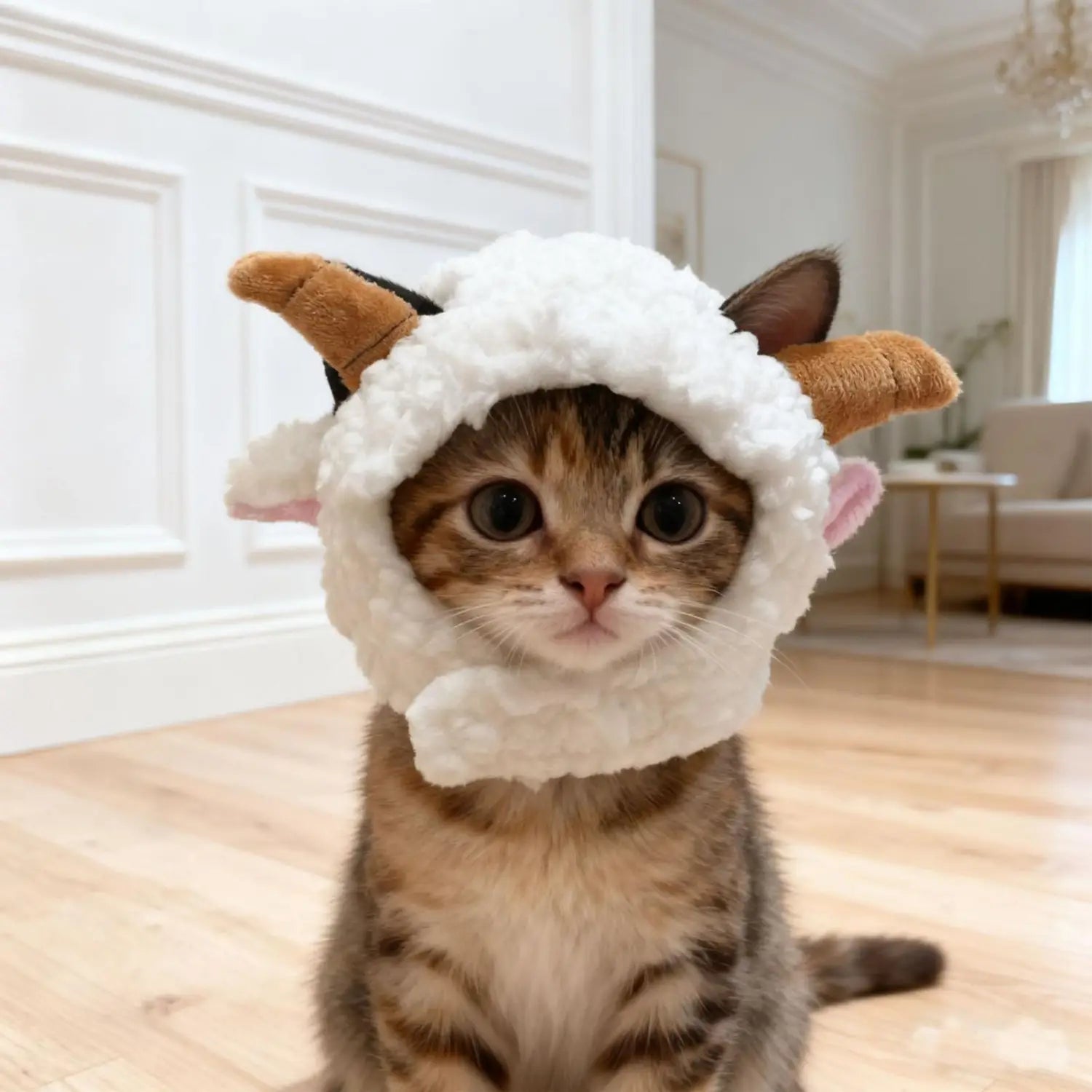 a fluffy white sheep-themed cat headwear hat with brown plush horns and pink inner ears made of soft material worn by a tabby kitten for cat winter use