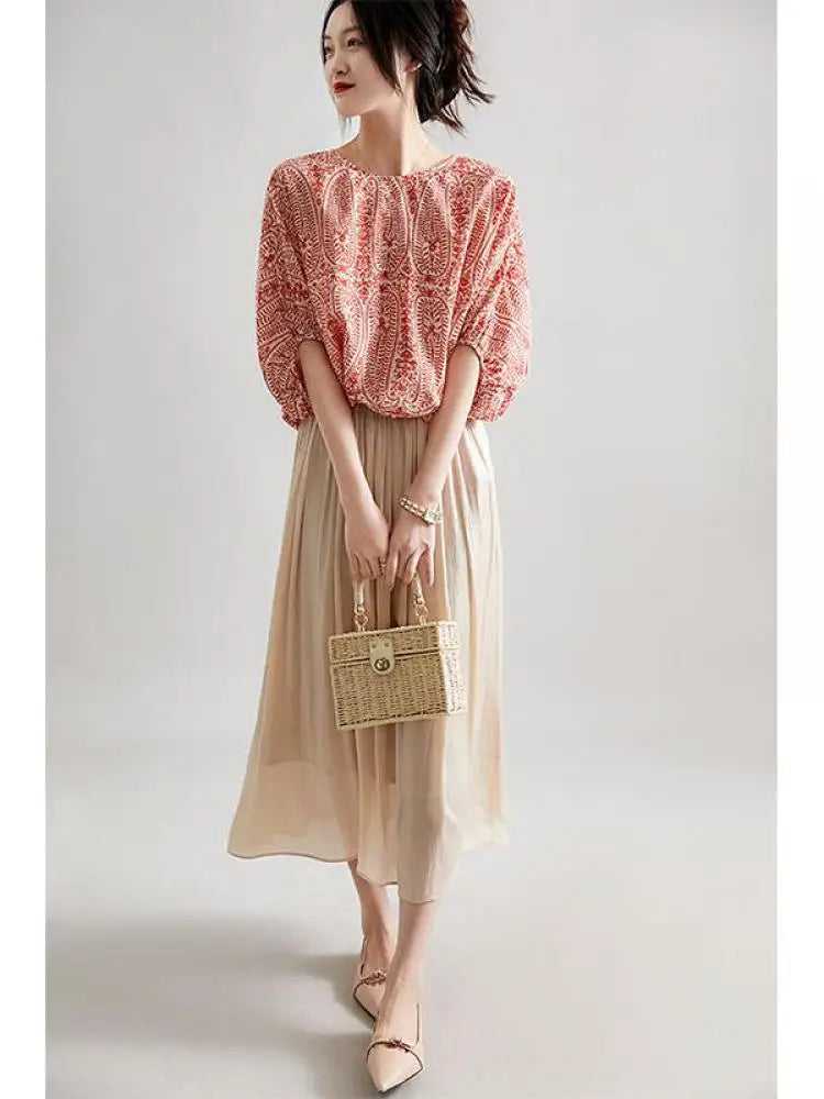 Elegant Blouses Women Vintage Bow Bandage Print Shirts Office Lady Summer Korean Batwing Sleeve Casual All Match Chic Tops