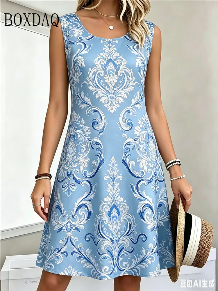 Ethnic Style Pattern Vintage Women's Dresses For 2026 New Summer Clothing Loose Plus Size Casual 3D Print Loose Sleeveless Dress