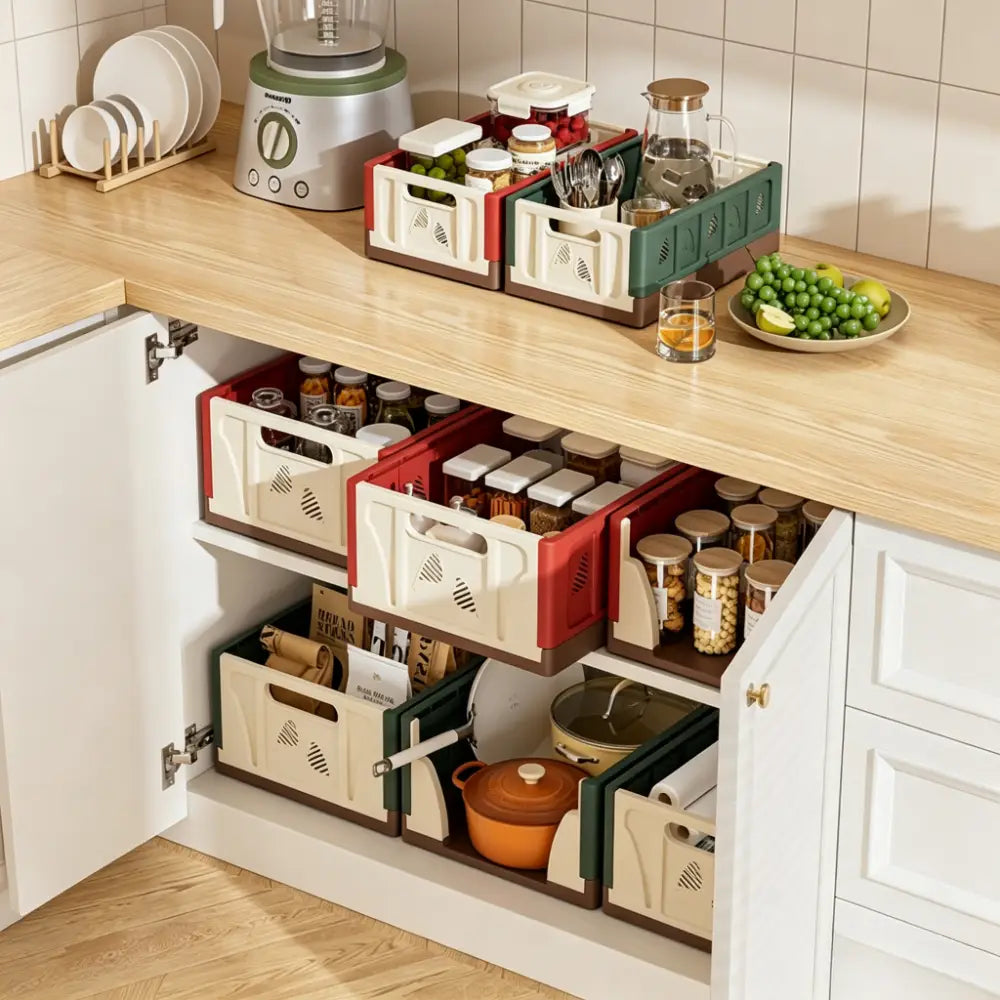 foldable storage basket plastic stackable organizer featuring multicolored plastic storage crates with handles and geometric patterns in red beige green and brown as an actual goods storage box solution.