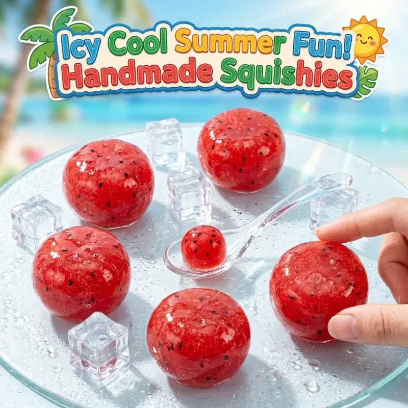 Ein durchscheinendes rotes, quetschbares Spielzeug in Form einer Drachenfrucht mit schwarzen, samenähnlichen Sprenkeln, von vorne präsentiert, mit einer weichen, langsamen Rückprallstruktur.