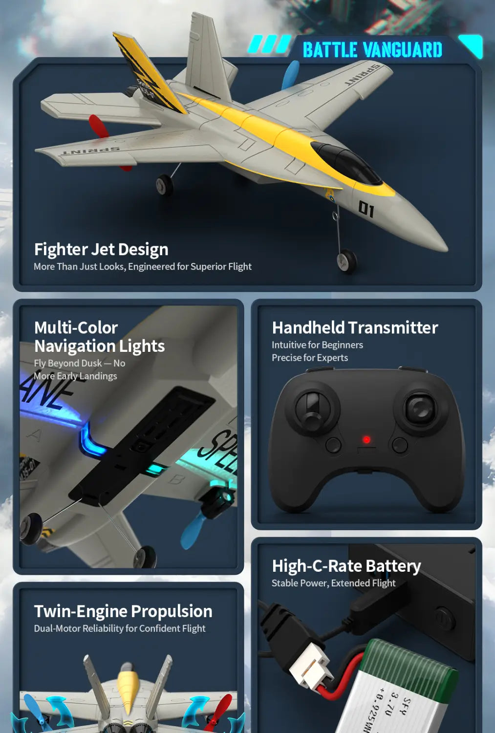 remote control white and yellow f18 hornet foam glider jet with black accents featuring a sleek battle vanguard design