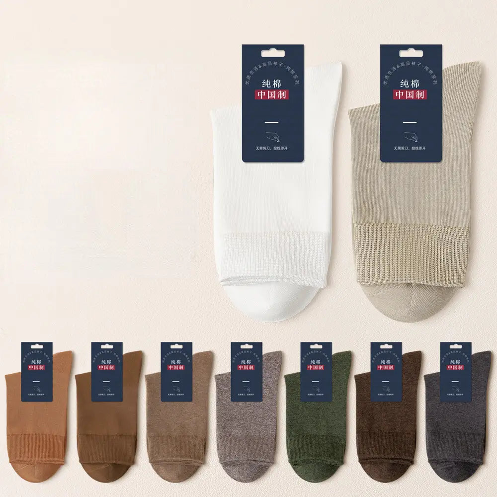 Lot de 5 paires de chaussettes de cheville décontractées en coton pour hommes, couleurs blanc et beige avec poignets côtelés, en coton pur, fabriquées en Chine, présentées avec des étiquettes bleu marine