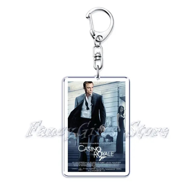 silver rectangular acrylic keychain featuring a printed image of the james bond movie Casino Royale poster from the movie poster acrylic keychain set