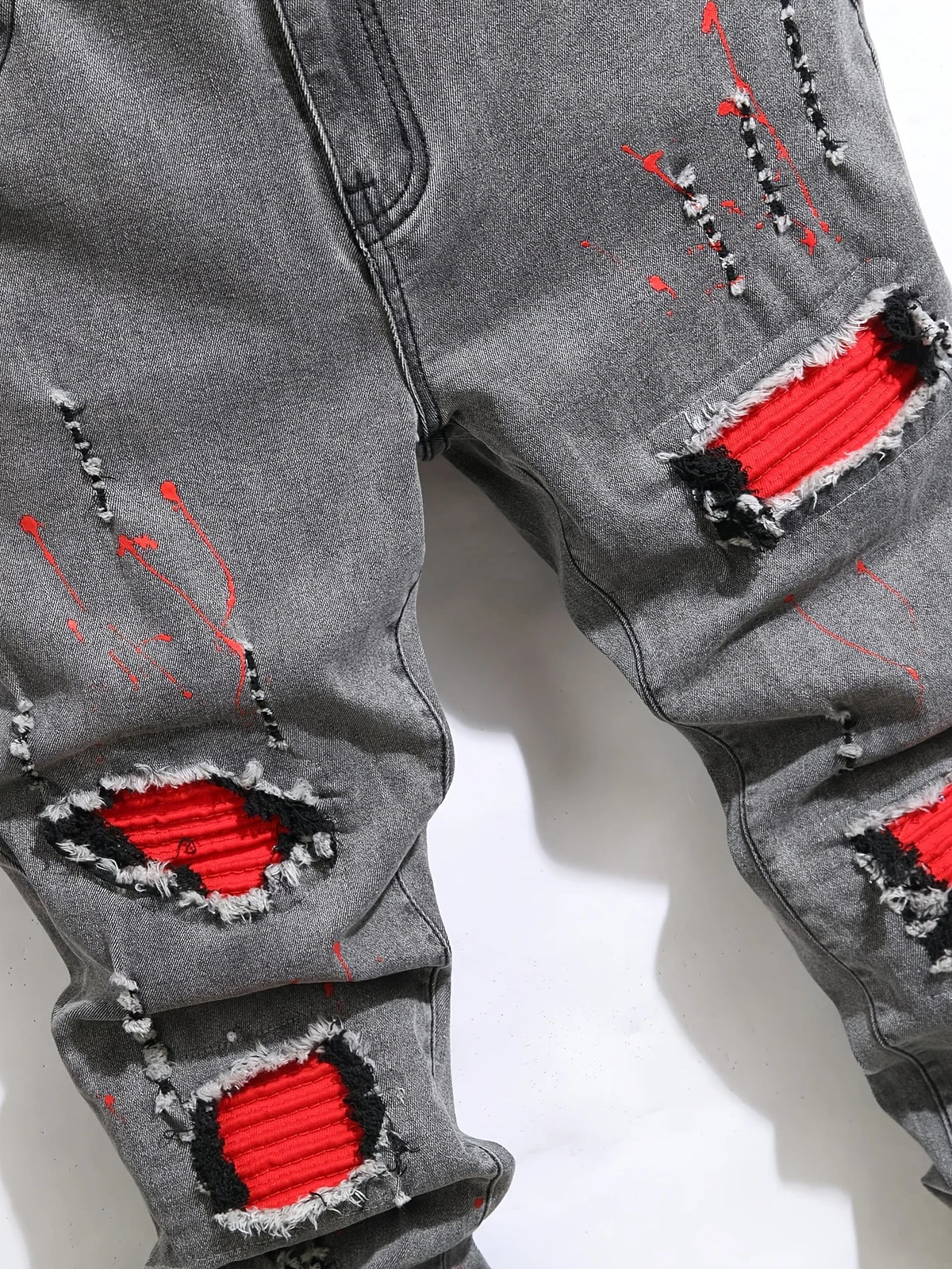 Men's Ripped Denim Jeans for Man High Stretch Skinny Biker Pants Casual Slim Fit Trousers with Patchwork Embroidery Streetwear