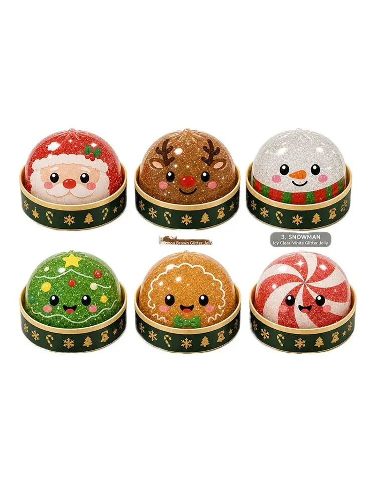 Six festive glittery christmas-themed jelly squeeze toy stress relief dumplings in decorative tin containers for christmas party use