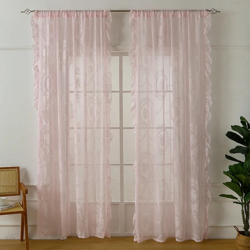 2 Pcs Home Decor Ruffled Edge French Lace Floral Curtain Retro Embroidered Gauze Curtain Rustic Voile Curtain Living Room