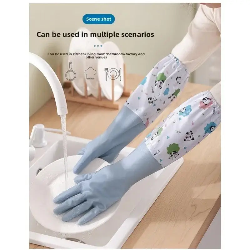 Waterproof kitchen gloves for cleaning in light blue and white with panda pattern and rubberized grip.