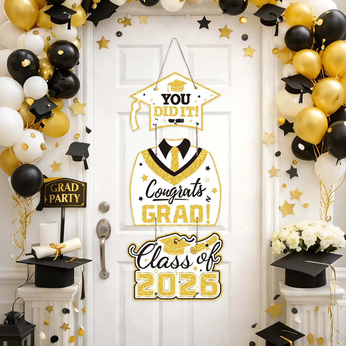 gold glitter graduation door hanging decor with you did it and congrats grad class of 2026 text for celebrating graduation milestones