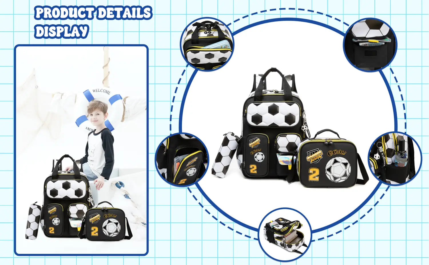 Ensemble de sac à dos pour garçons de football présentant un design noir et blanc sur le thème du football, avec des touches jaunes et un grand numéro 2 à l’avant, idéal pour l’école et les activités sportives.