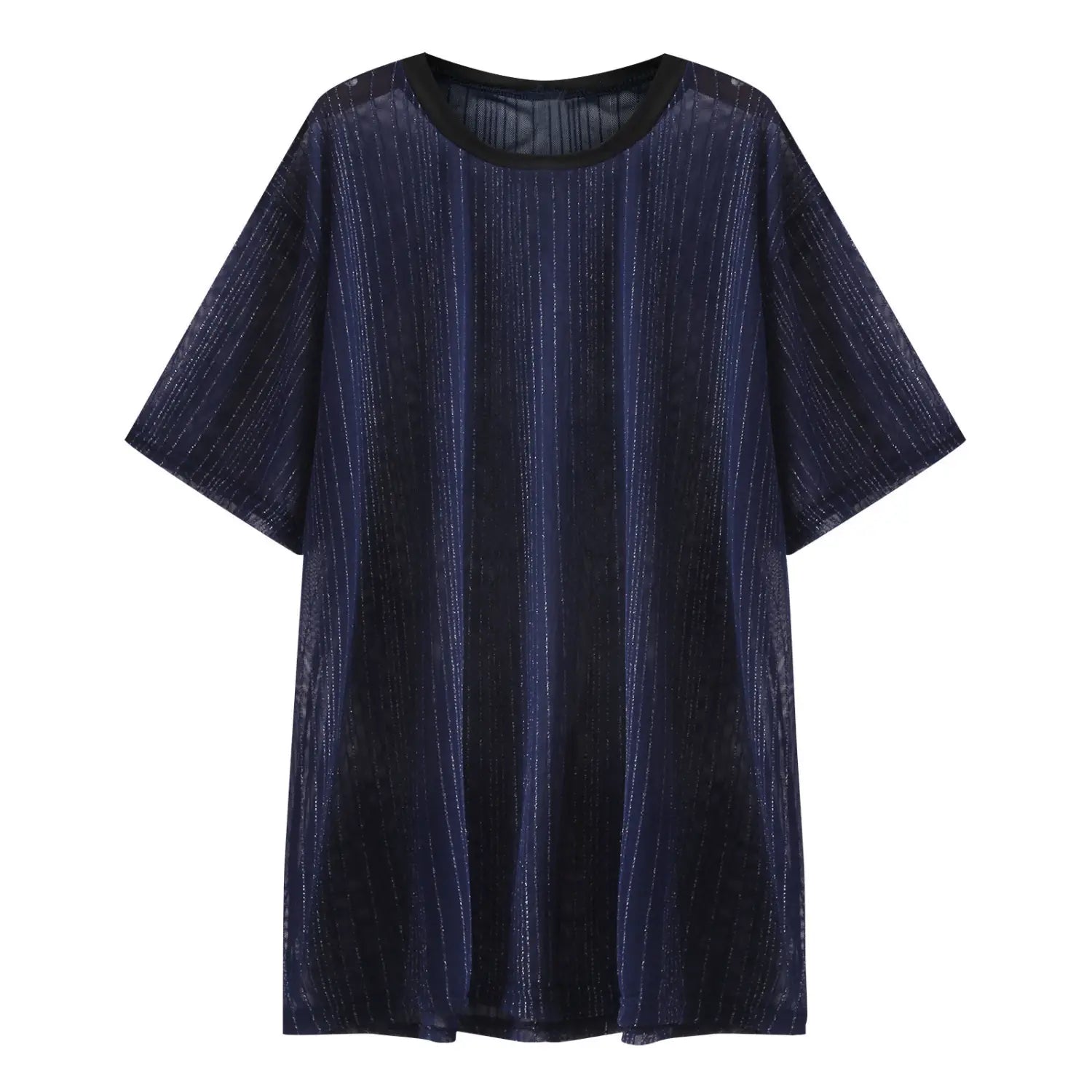 A navy blue men glitter mesh short sleeve tunic dress with subtle shimmering vertical stripes and a black ribbed neckline.
