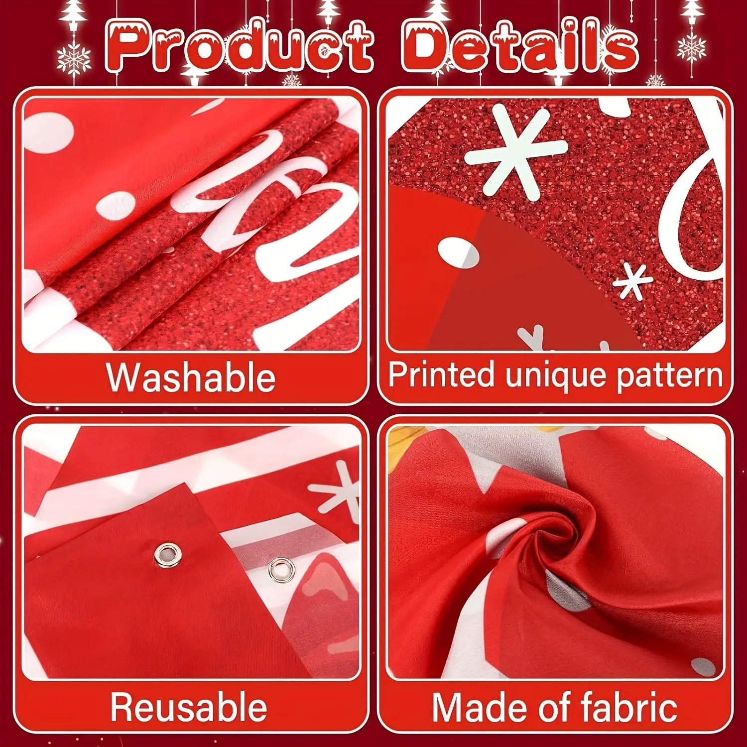 Bannière de porte de Noël en tissu rouge avec motifs de flocons de neige blancs et de cannes de bonbon, avec une texture scintillante conçue pour la décoration de saison.