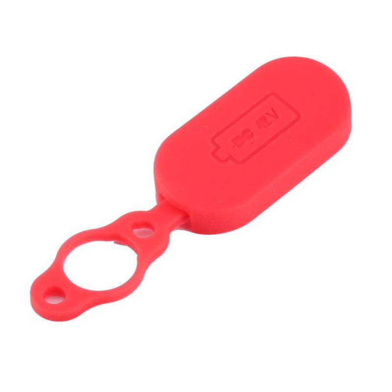red silicone car key fob cover with an embossed battery icon and integrated loop for attachment shown as part of the m365 electric scooter charging port replacement set.