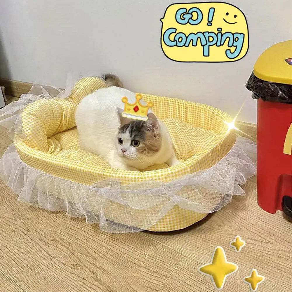 Yellow checkered plush cat sofa bed with lace edge sheer white ruffled trim for pet comfort and style