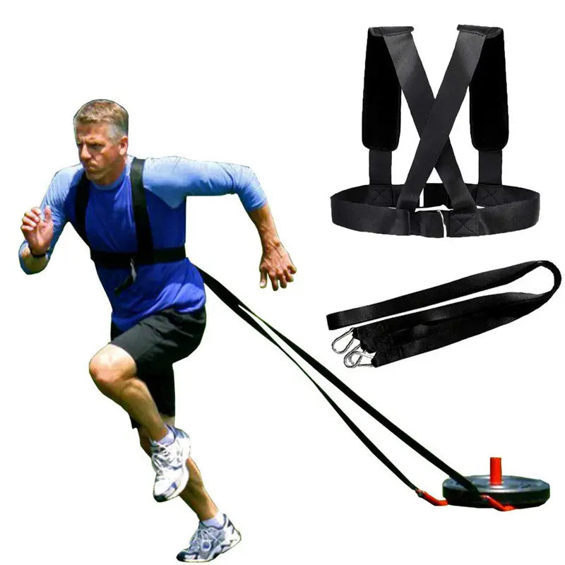 Black resistance training harness agility training resistance harness sled pull strap with adjustable straps and attached weight disc for strength and agility workouts.