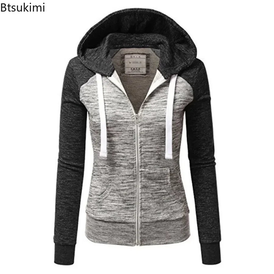 2026 Women's Long Sleeve Hoodies Fashion Splice Design Hooded Drawstring Sport Zip-up Coats Women Casual Color Block Sweatshirts