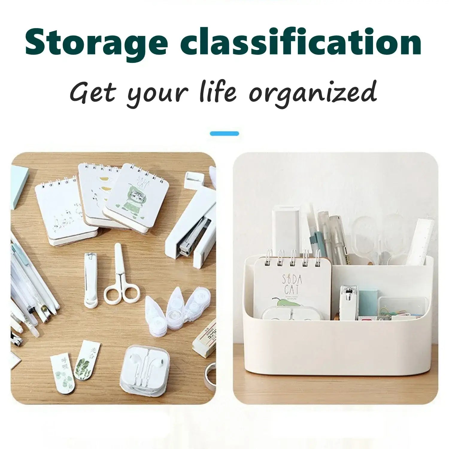 Cream-colored plastic desk organizer with multiple compartments holding stationery items for use as a white plastic desk organizer and makeup brush holder.