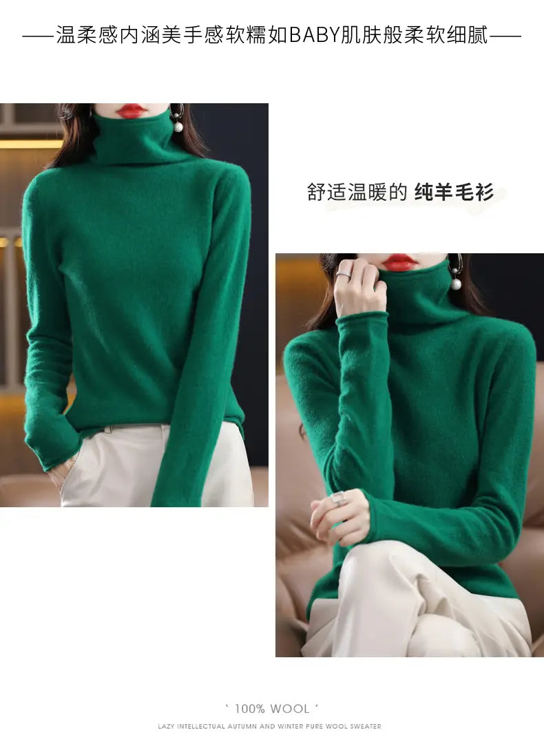 A rich emerald green merino wool turtleneck sweater for women featuring long sleeves and made of 100 percent pure wool.