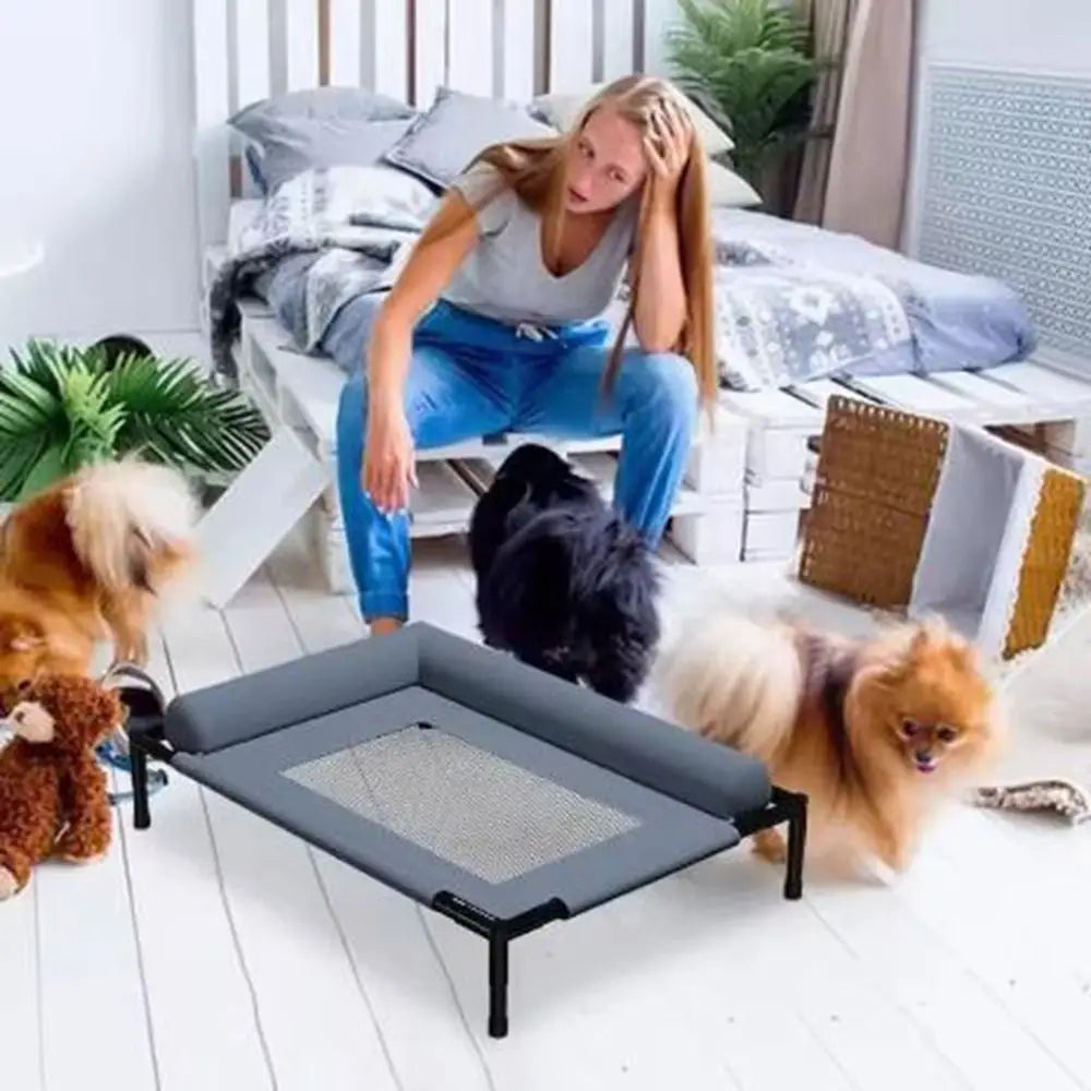 Gray fabric dog bed with breathable mesh center and black metal frame elevated dog bed for comfortable pet rest