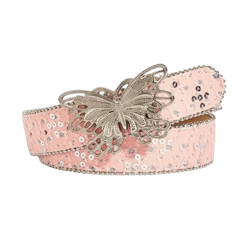 Ceinture en cuir papillon y2k à sequins rose avec boucle papillon en flligrane argentée, présentée de face.