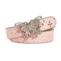 Pink sequined y2k butterfly leather belt with silver butterfly buckle shown from front angle