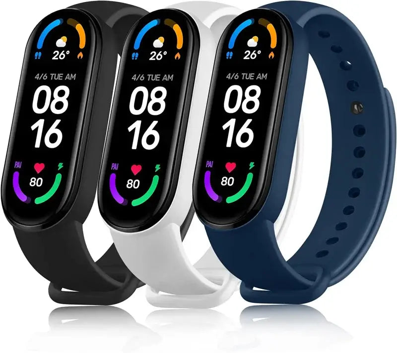 three xiaomi mi band fitness trackers with black, white, and navy blue wristband silicone bracelets featuring colorful digital displays showing time, temperature, and heart rate.