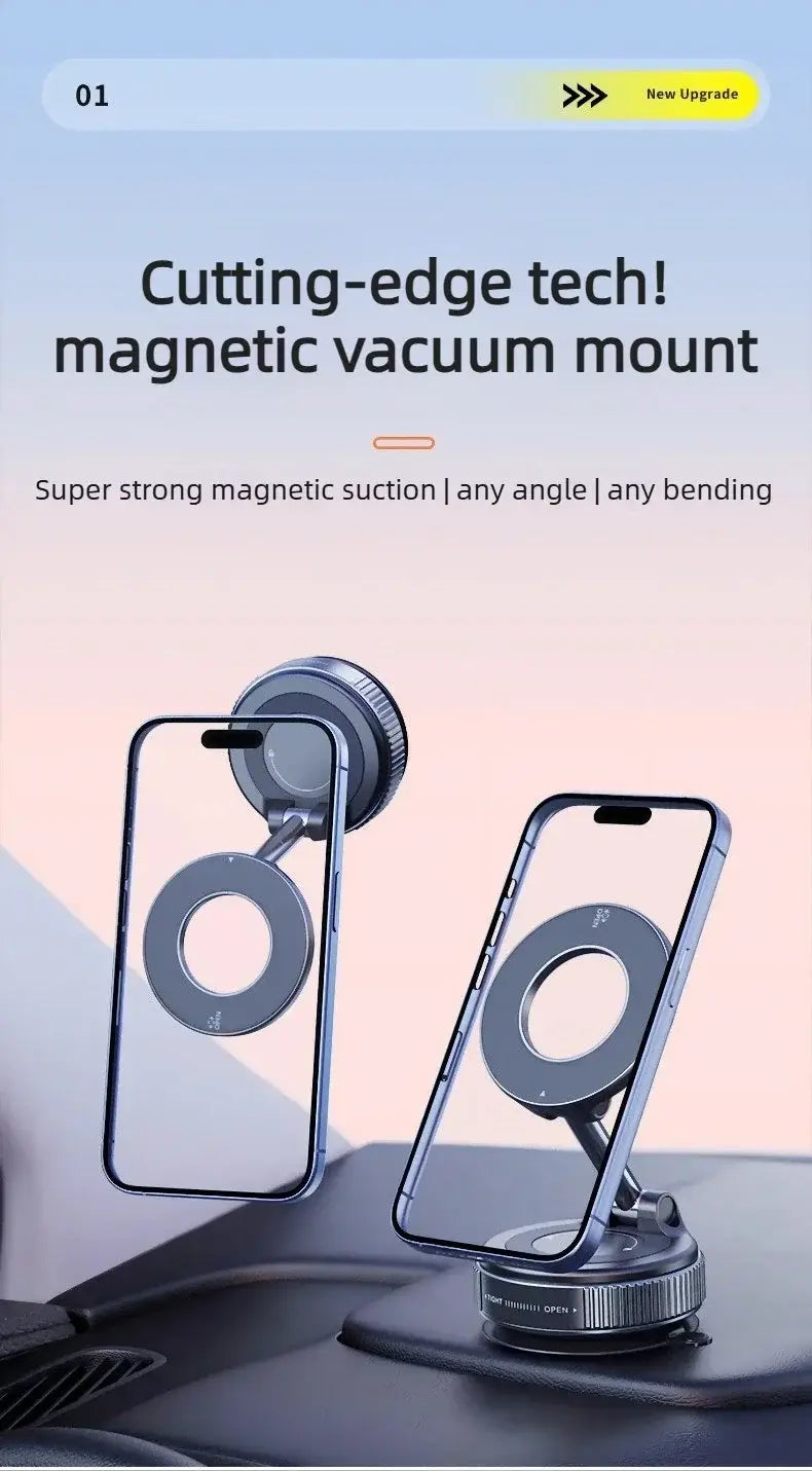 Ein silberner magnetischer Kfz-Handyhalter mit elegantem kreisförmigem Design, das die magnetische Anziehung zur sicheren Befestigung an der Armatur hervorhebt.