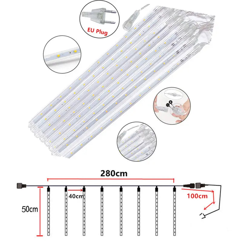 LED-Meteorschauer-Regen-Lichterkette mit klaren Kunststoff-LED-Regenlicht-Strängen mit 280 cm Länge, EU-Stecker und modularen Steckverbindern für den Einsatz in Innen- und Außenbereichen