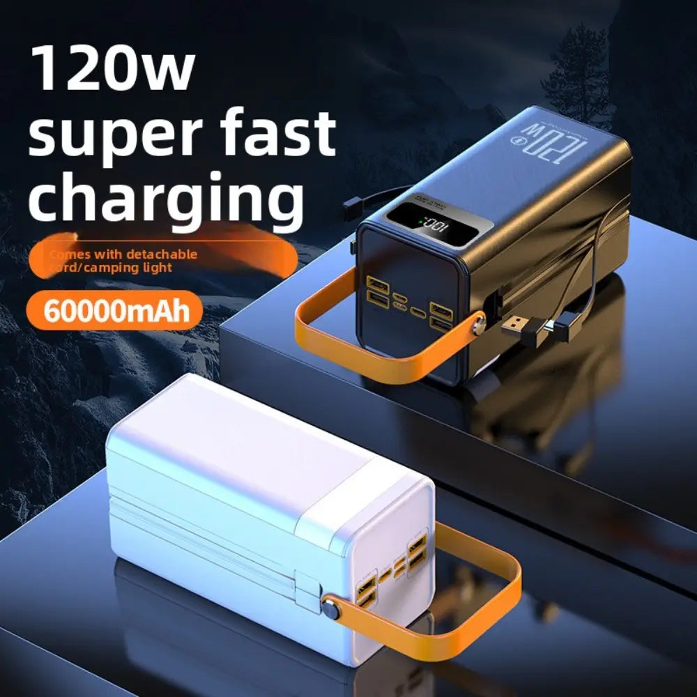Bancos de energía de carga rápida de 120 W negro y blanco con gran capacidad, que incluyen asas de transporte naranjas y pantallas digitales que muestran el nivel de batería.