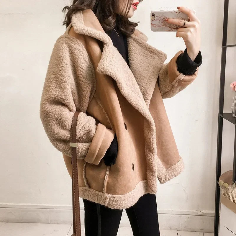 Women Autumn Winter Lamb Wool Sheepskin Coat Fur One-piece Thickened Jacket Women Warm Coat Oversized