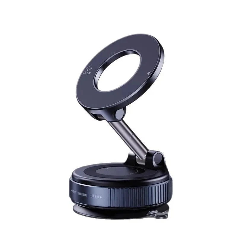 Black magnetic car phone mount with adjustable arm and suction cup base for 360 degree dashboard holding.