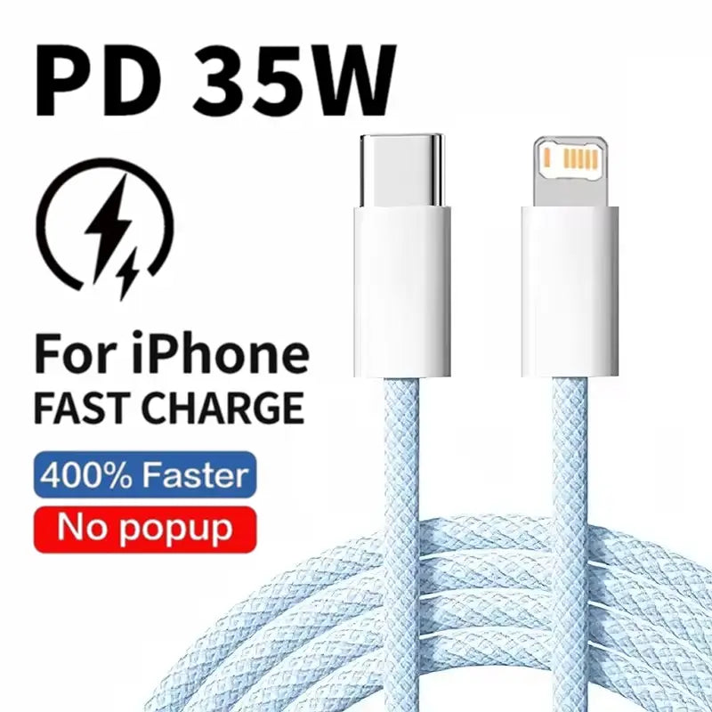 35W PDの高速充電に対応した、iPhone用ライトブルー編み込みUSB-C to Lightning充電ケーブル。