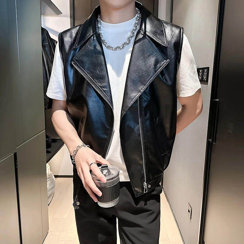 Pu Leather Vest men Trendy Streetwear Biker Jacket Fashion Male Waistcoat Motorcycle Style Hip Hop Clubwear Night Cool Outerwea