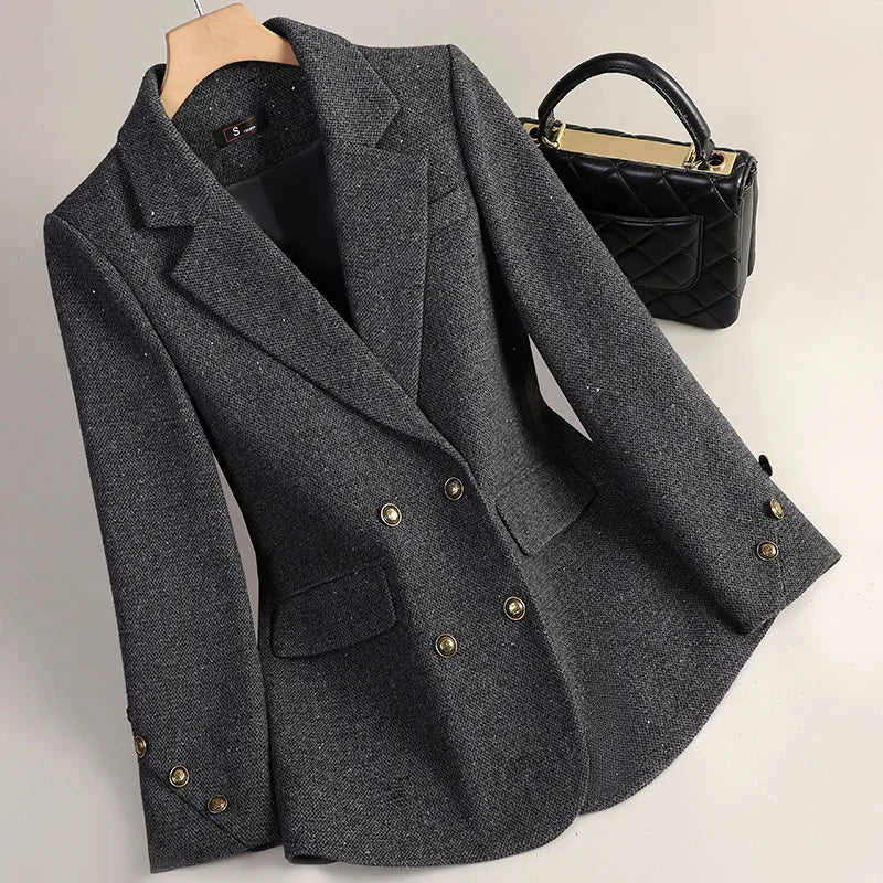 Women Wool Blazers Autumn Winter Jacket Coat New High-end Temperament Casual Suit Ladies Office Double Breasted Blazer Outerwear