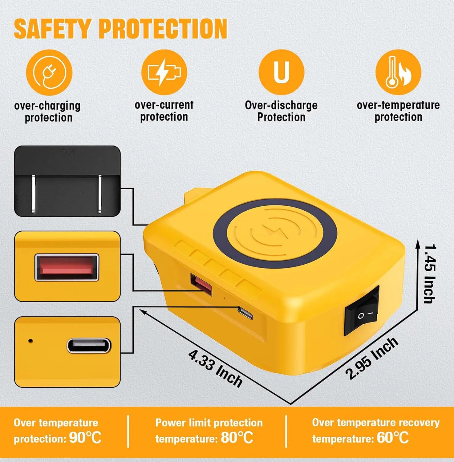 Banco de energía inalámbrico rectangular amarillo intenso, con almohadilla de carga circular negra y múltiples puertos USB, diseñado para baterías Makita, DeWalt y Milwaukee de 18 V, con protocolo de carga rápida.