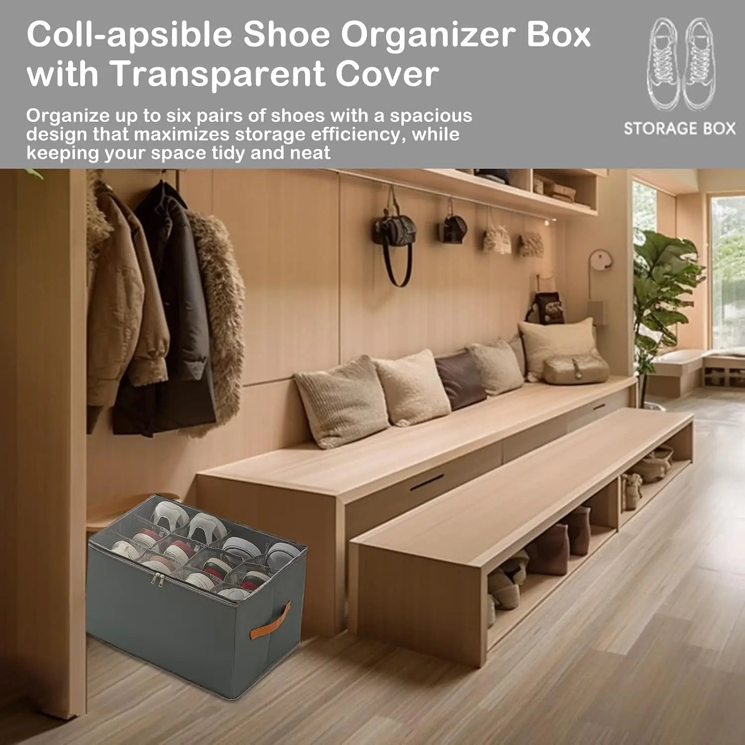 Faltbarer Schuhorganizer aus grauem Stoff mit klappbarem Design, transparentem Deckel und orangefarbenem Griff zur Aufbewahrung im Schrank.